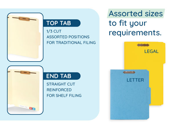 different tab formats and sizes of fastener file folders