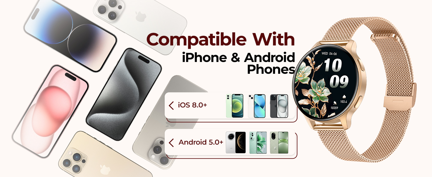 Rose gold smart watch perfectly compatible with Android and iPhone iOS smartphones