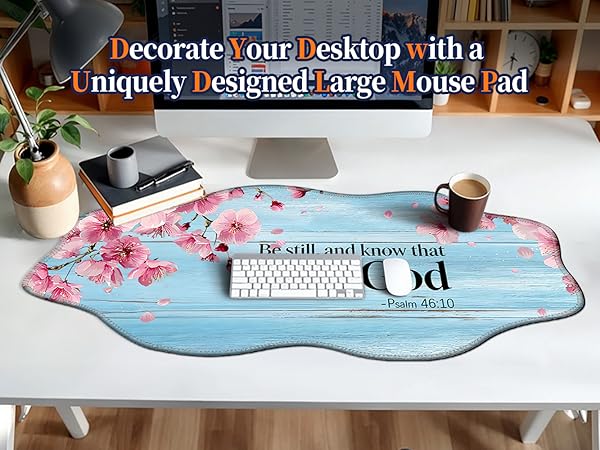 Decorative blue wood grain desk mat with inspirational quotes and cherry blossoms for office desk.