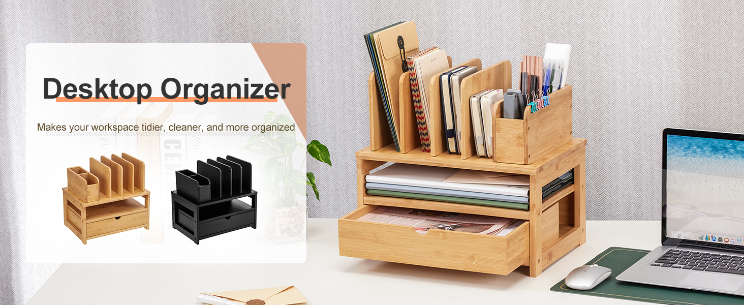 Bamboo Desk Organizer with Drawer and File Holder