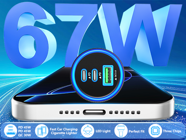 MFi Certified 3-Port 67W USB-C + USB-A Power Cigarette Lighter iPhone 16 Car Charger Fast Charging