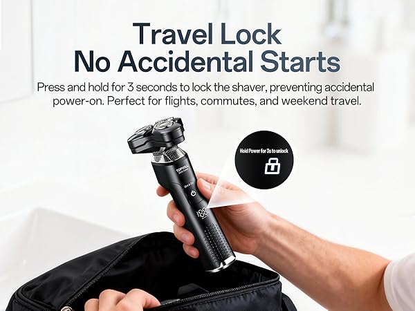 Press and hold for 3 seconds to lock the shaver, preventing accidental power-on