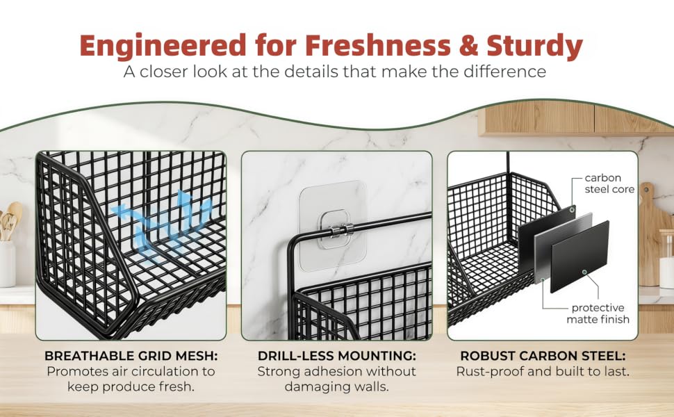 Space Saving Hanging Kitchen Baskets for Wall Mount Storage