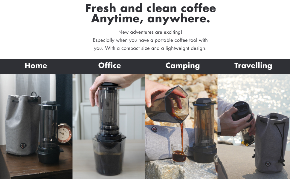 Coffeeology Press, Fresh coffee, clean coffee, home use, office, camping, travelling