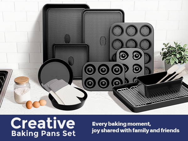 Nonstick Bakeware Set with Donut Pan, Heart Pan &amp;amp; Oven Mitts - Stackable Carbon Steel Pans