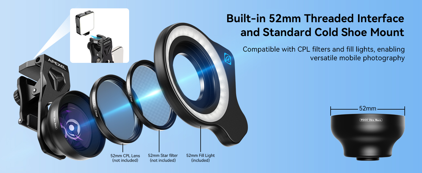 HB100UFL26 Professional Macro Lens for Smartphone with Ring Light