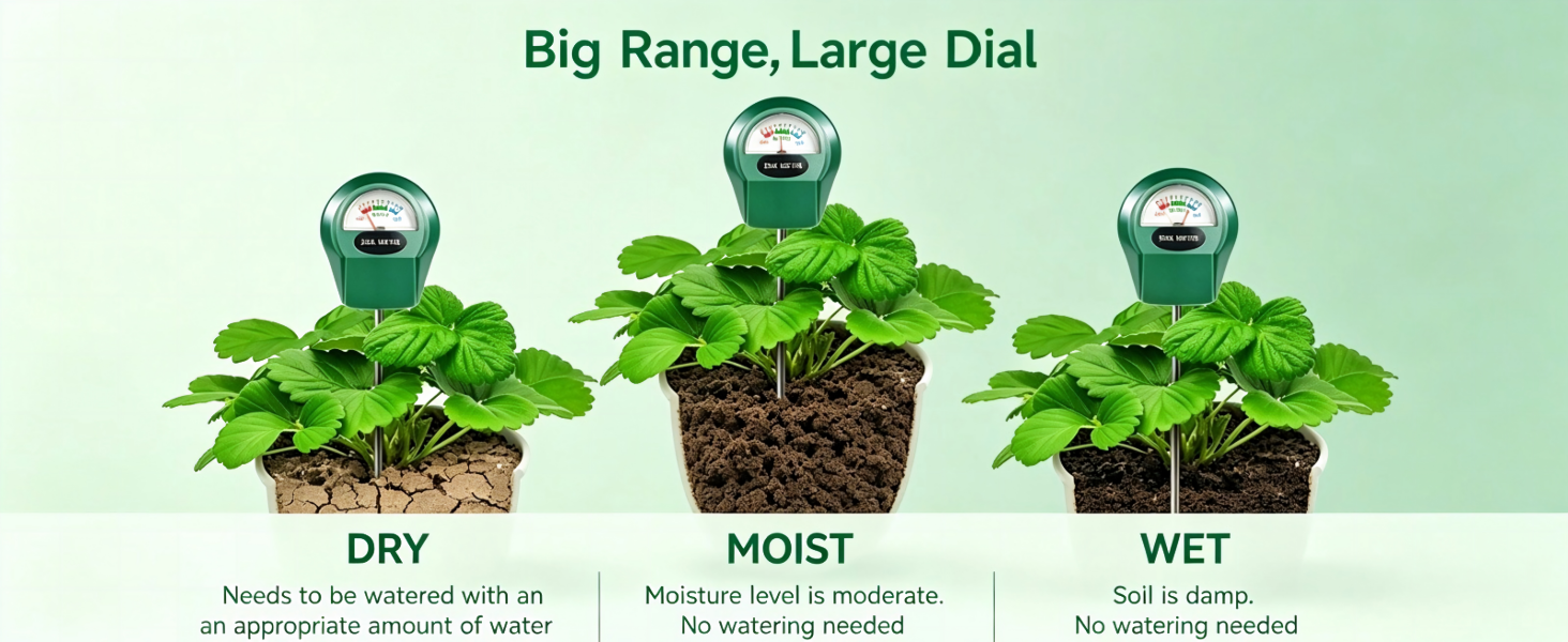 Zoiydals soil moisture meter showing dry, moist and wet levels for proper plant watering
