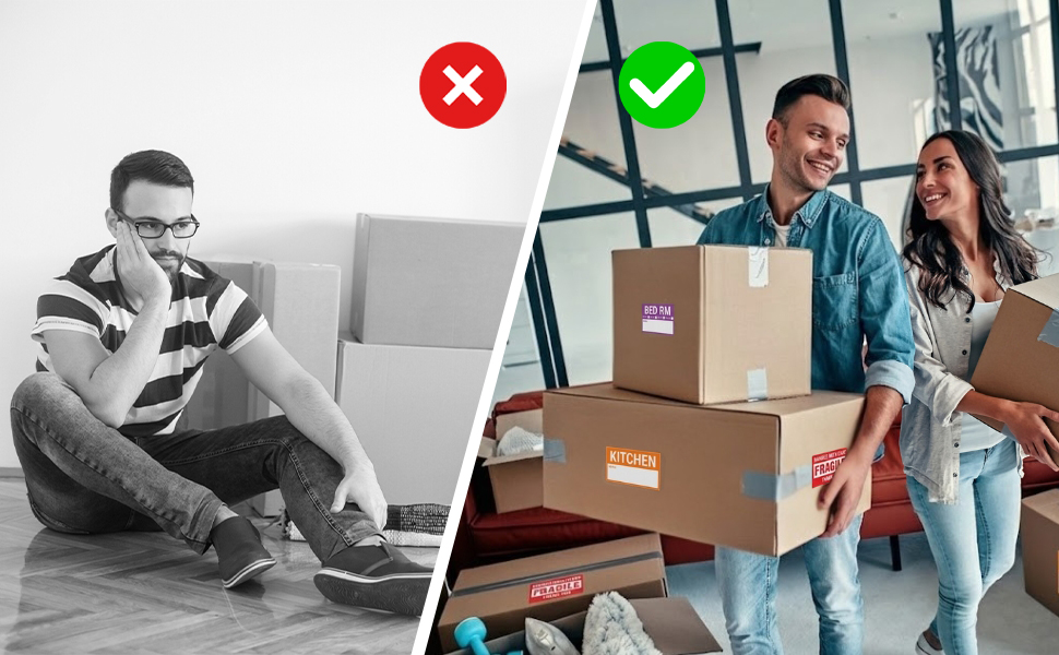 Moving box labels stickers color coded organization vs unlabeled boxes comparison