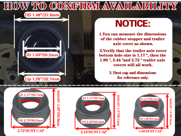 Trailer Grease Dust Cap Rubber Plugs size chart