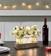 Mkono Mason Jar Lights Centerpiece Table Decor for Dining Room Farmhouse Wood Tray with 3 Jars Fl...