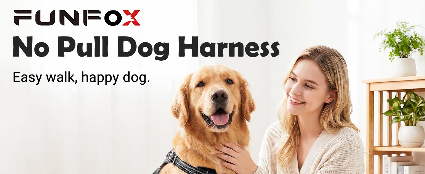 Text reads 'FUNFOX No Pull Dog Harness' and 'Easy walk, happy dog.' Repeated marketing image showing Golden Retriever with harness from multiple angles.
