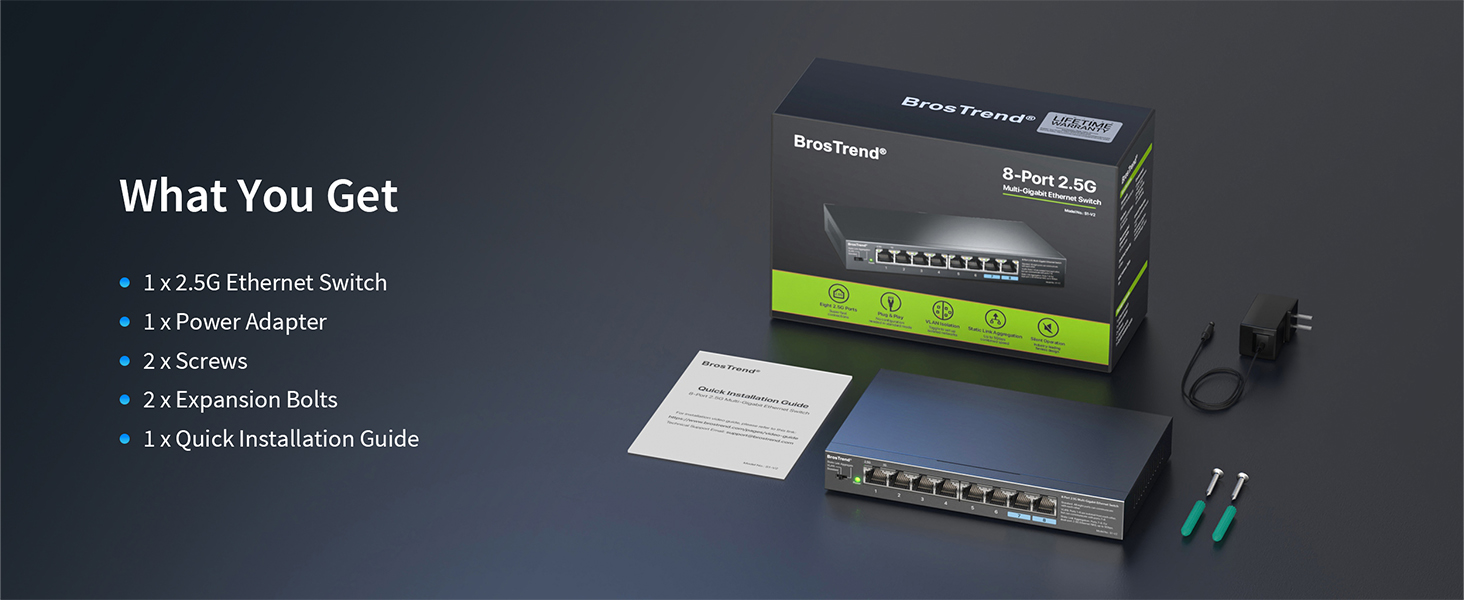 Package Contents for BrosTrend 2.5G Ethernet Switch