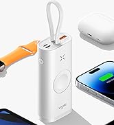 10000mAh power bank with wireless charging capability. Illustration shows compatibility with various devices. Charging times listed for different Apple products.