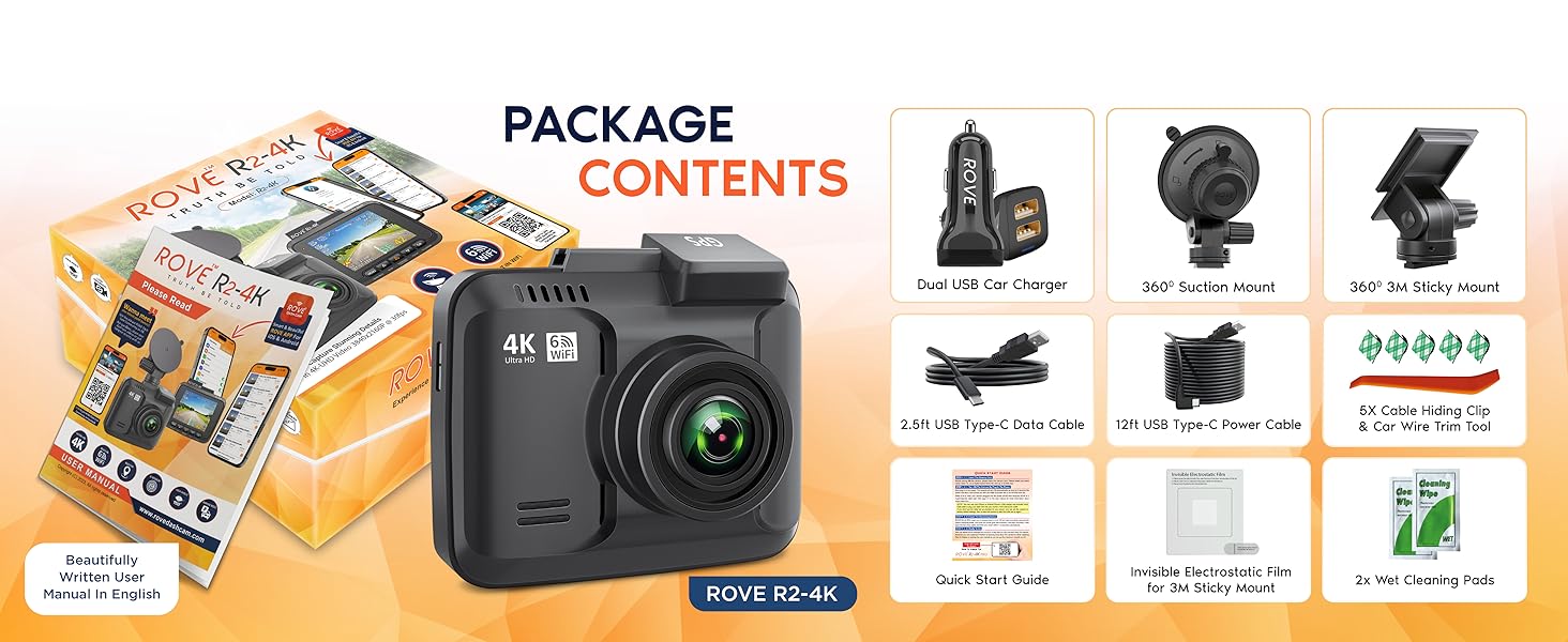 rove r2-4k dash cam with car charger, suction mount, sticky mount, data cable, power cable, usb c