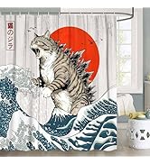 JAWO Funny Cat Shower Curtain, Japanese Ocean Wave Cat Fun Shower Curtain Nautical Kids Children ...