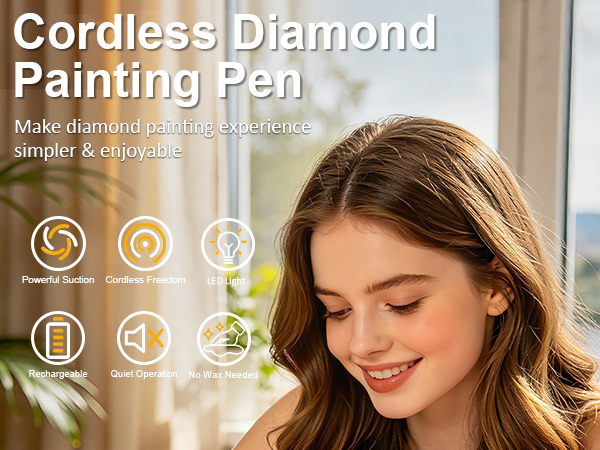 Text reads "Cordless Diamond Painting Pen" and "Make diamond painting easier &amp; smoother, simpler &amp; enjoy art." Product shown with woman using cordless pen for diamond painting, featuring nine tool icons below demonstrating various functions and accessories.