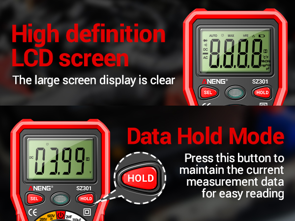 ANENG SZ301 digital multimeter featuring a high-definition LCD screen and data hold mode