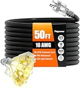 50 FT 16/3 Gauge Outdoor Extension Cord with Multiple Outlets Light Indicator, Flexible 3 Outlets...