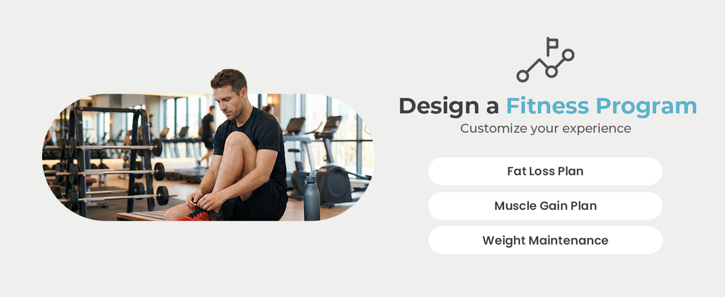 A man is sitting on a chair inside a gym, with the title “Customize Your Fitness Plan.”