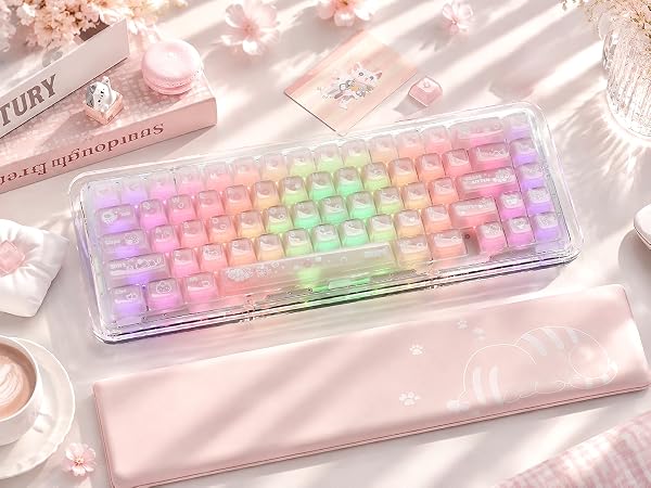 Clear Jelly Keycaps, Pink Cat Shine Through Keycaps Thick PC+ABS Crystal Translucent Keycaps