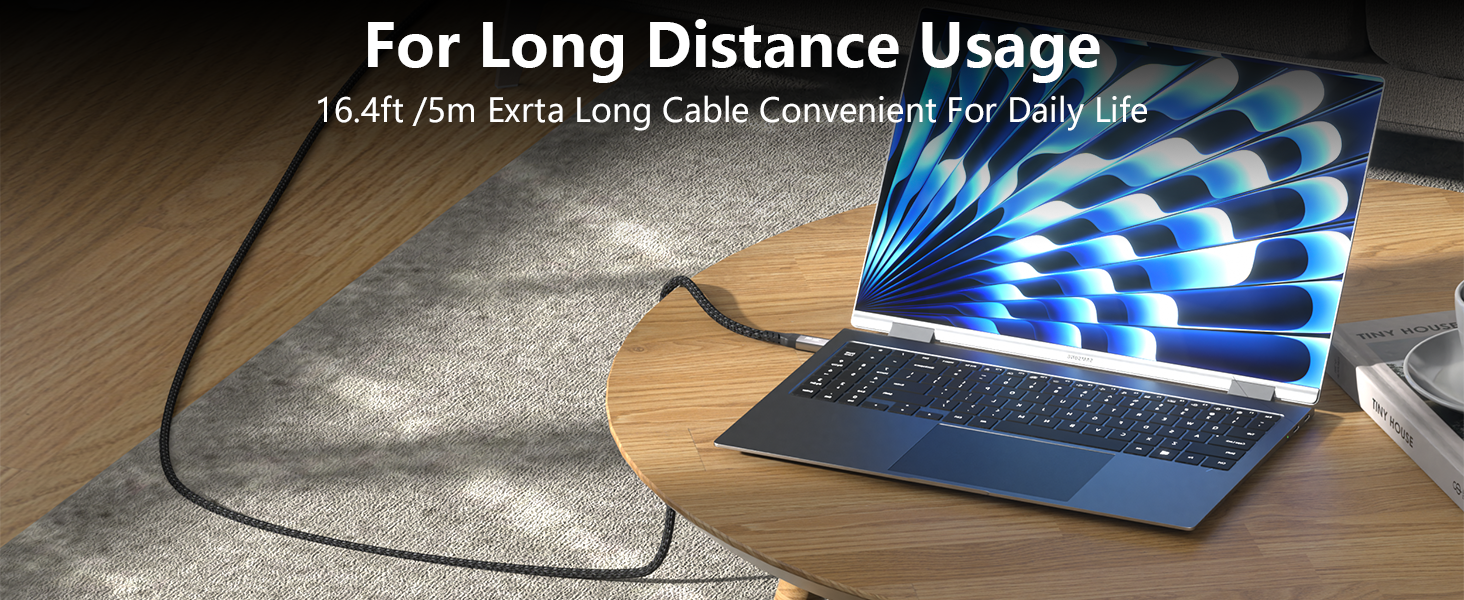 Text reads 'For Long Distance Usage'. Images showing laptop connected to power cable with blue LED lighting effects.