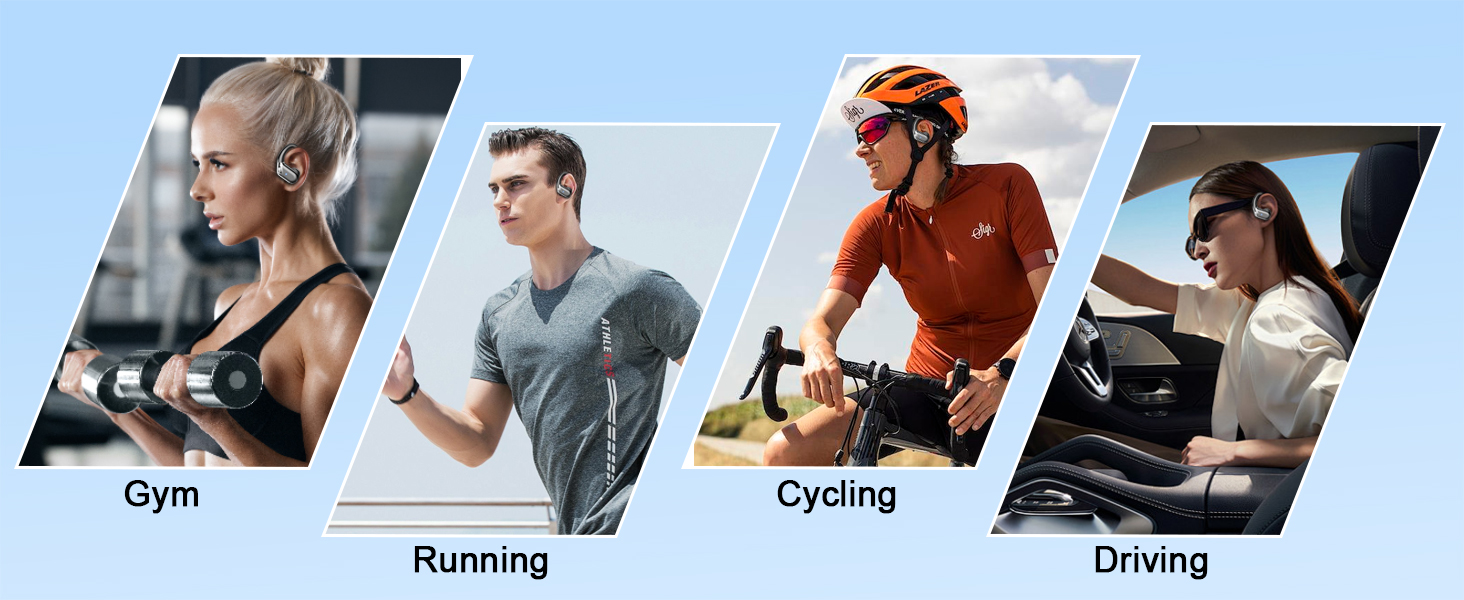 Split panel showing four different activities: gym workout, outdoor running, cycling with safety gear, and driving, demonstrating various lifestyle scenarios.