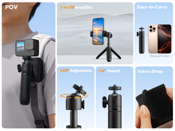 ULANZI MT88 ClipMate Camera Tripod, Selfie Stick w Velcro Strap &amp; Action Camera Adapter