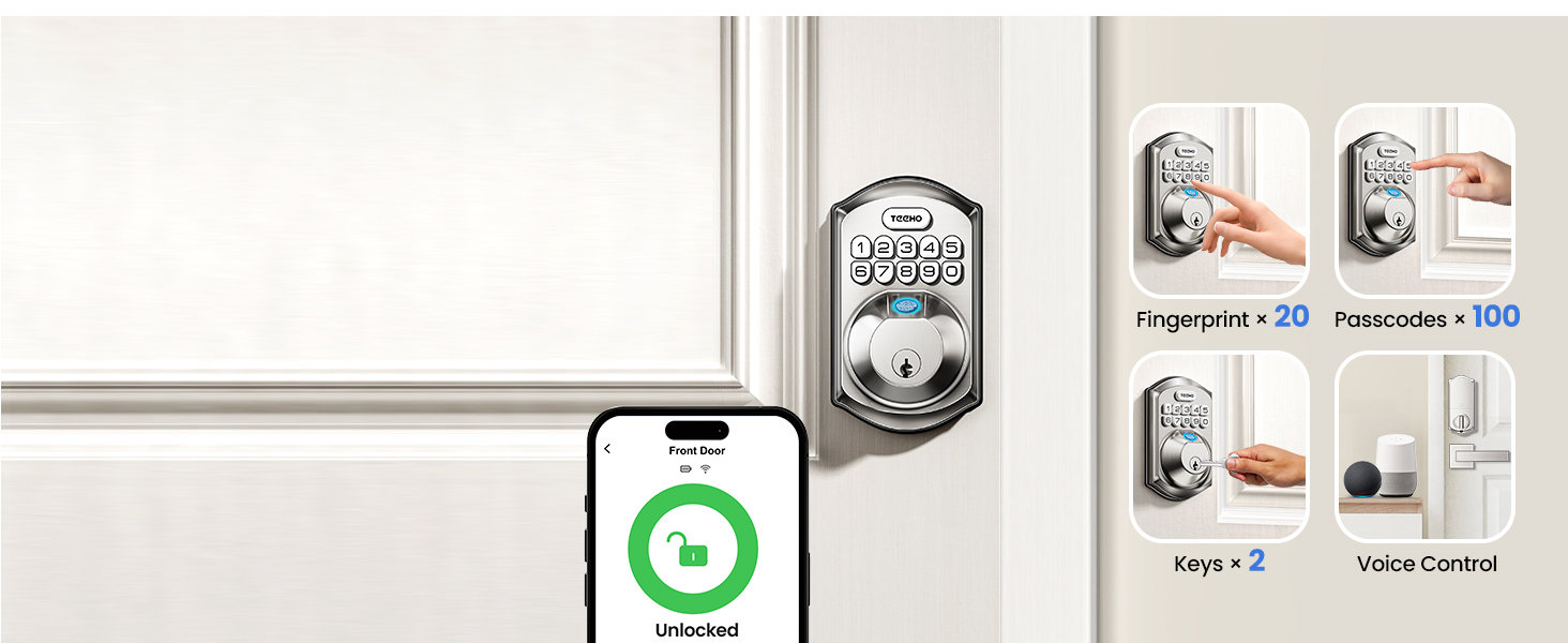5 ways to unlock: app, passcode, fingerprint, voice control, and backup key