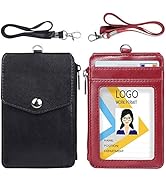 Teskyer 2 Pack Premium Badge Holder with Zipper Pocket, 4 Card Slot Leather ID Badge Holder with ...
