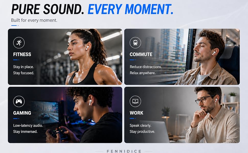 People using wireless earbuds for fitness, commuting, gaming and work