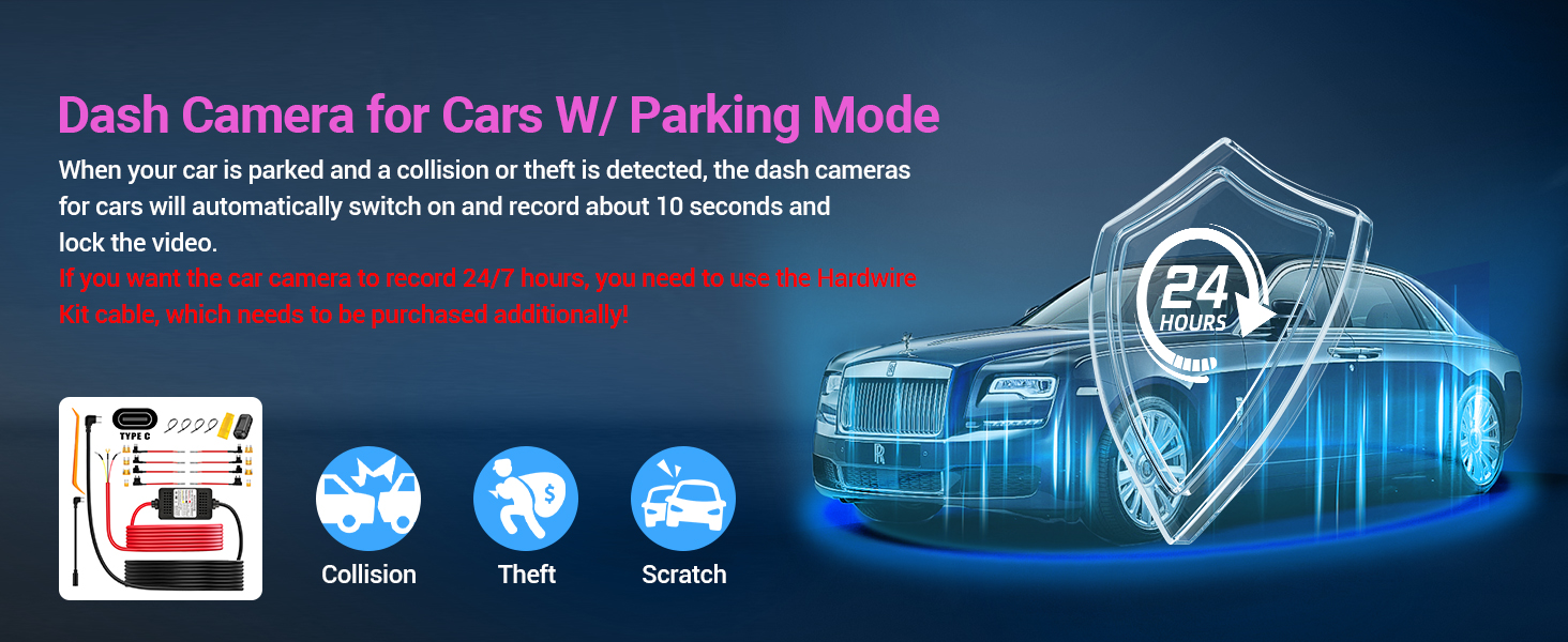 Car dash camera interface showing parking mode features with icons for collision detection, theft, and scratch monitoring. 24-hour surveillance indicator displayed.