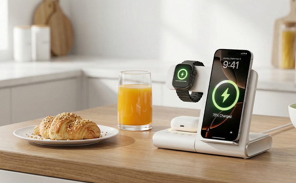 BezosMax wireless charger charging Apple devices on a kitchen counter by croissants and juice.