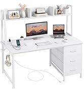 White Computer Desk with Hutch &amp; Drawers - Office Desk with 3 Storage Drawers and Power Outlets, ...