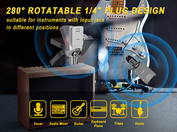 280° rotatable 1/4" plug design for instruments. Supports various audio inputs including vocal, guitar, keyboard, and drums. Shows amplifier and electric guitar.
