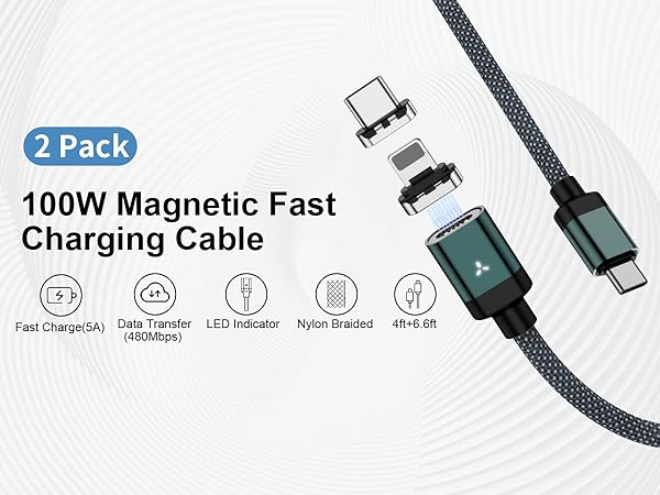 100W 2 in 1 Magnetic USB C Charging Cable