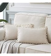 Fancy Homi Pack of 2 Boho Rectangle Decorative Throw Pillow Covers with Pom-poms, Soft Corduroy A...