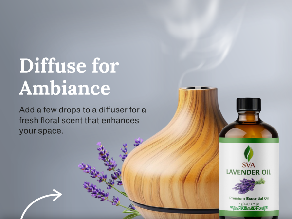 A 4oz amber glass bottle of lavender essential oil is being used for aromatherapy in a diffuser