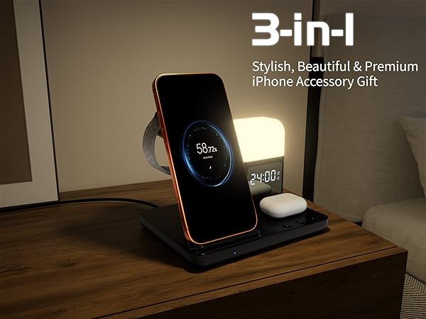 Wireless Charger for iPhone, 6in1 Fast Phone Charger Stand Dock Alarm Clock Night Light