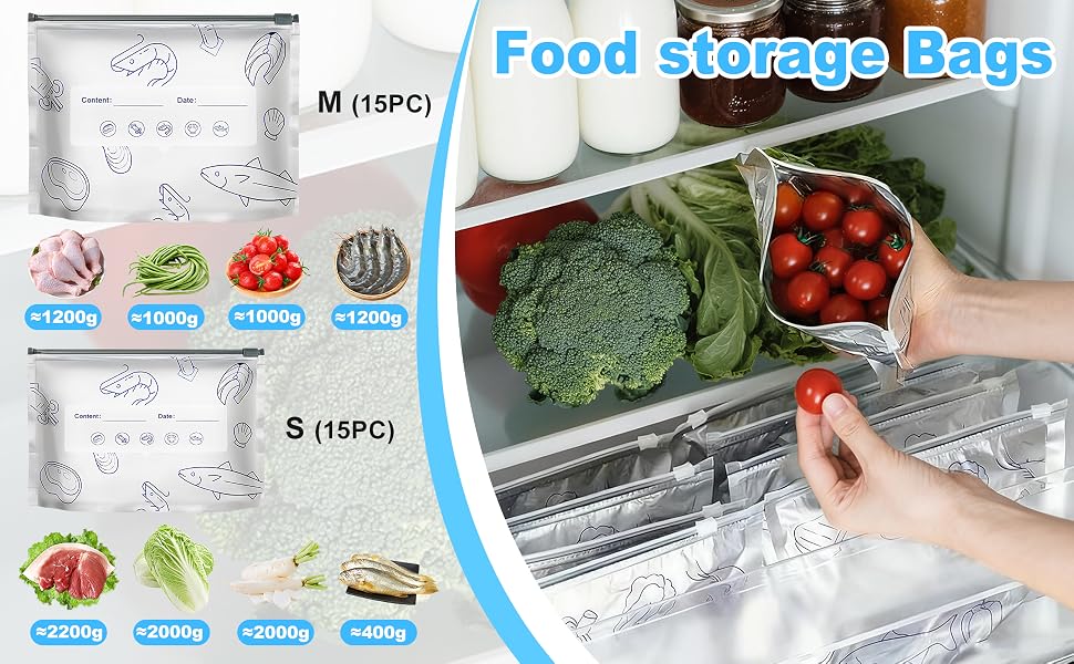 reusable food storage bags, multi-size freezer bags for fridge organization