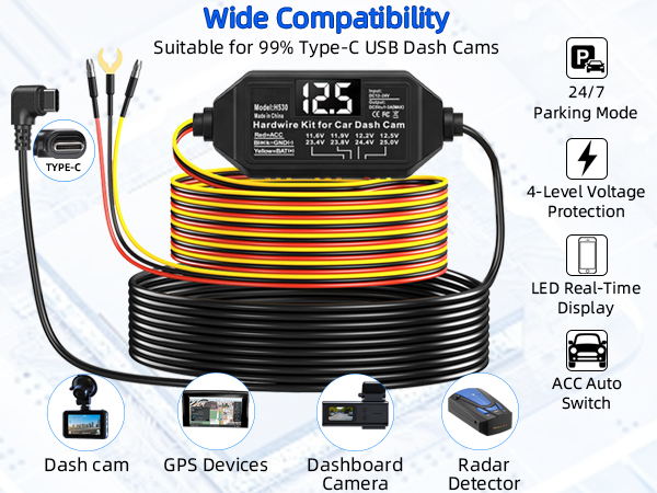Dash Cam Hardwire Kit USB C, 12V-24V to 5V Type C Hardwire Kit with LED Voltmeter