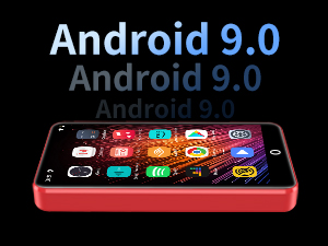Red-edged smartphone displaying Android 9.0 interface with colorful app icons against black background.