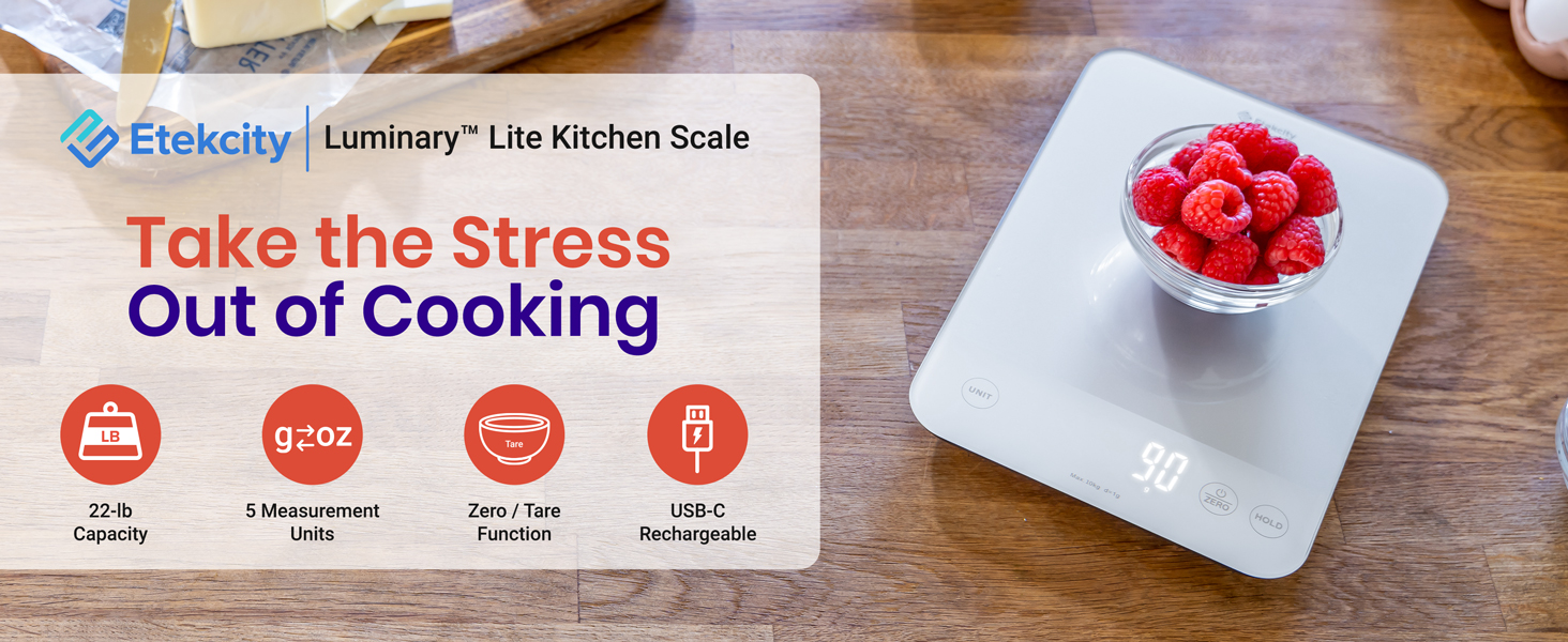 The digital scale has 22 lb capacity, rechargeable power, and can change units between oz and gram