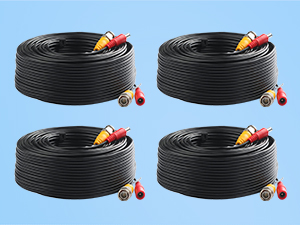 Four coiled black cables with red and yellow connectors at the ends. Each cable appears to be the same length and thickness, likely for audio or video connections.