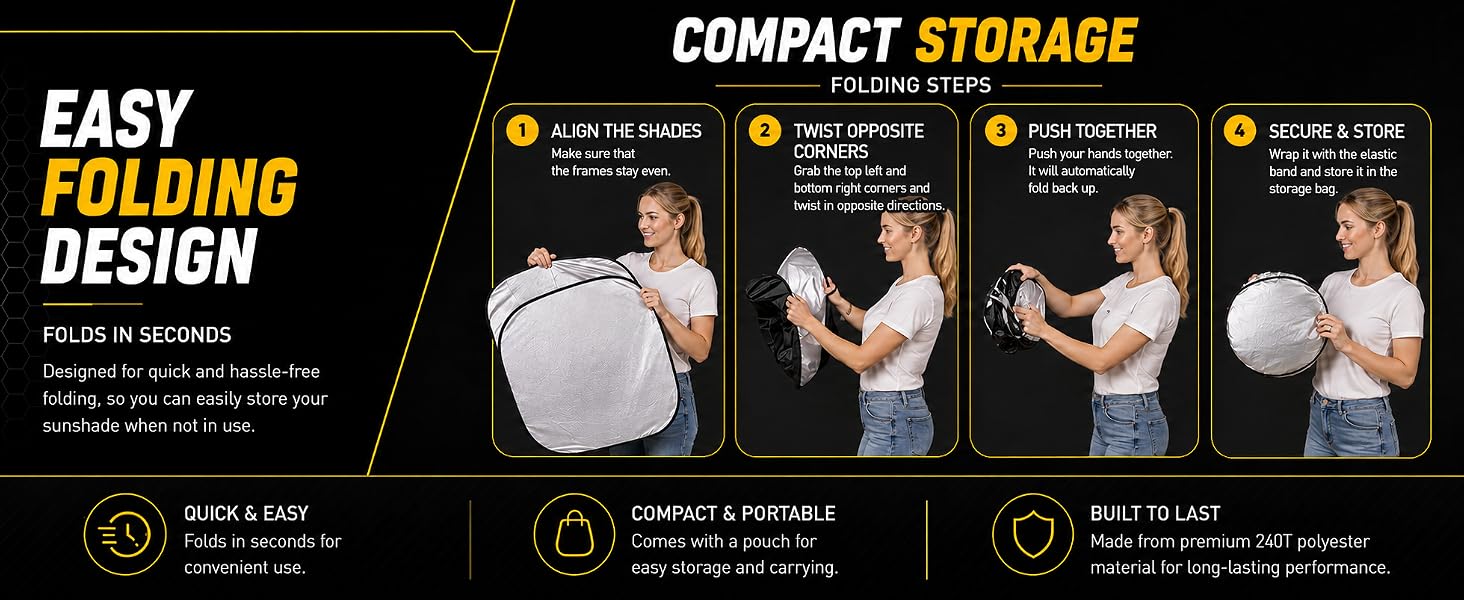 Four-step folding guide for compact windshield sunshade storage.