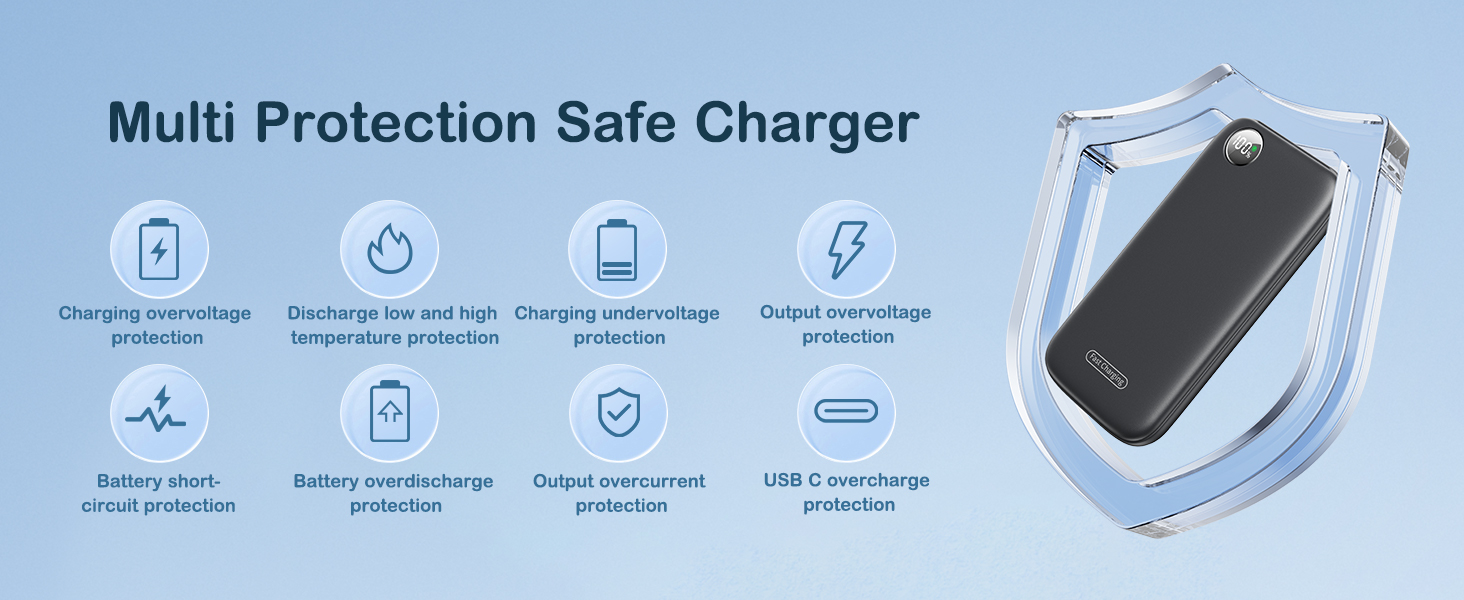 Multi Protection Safe Charger with icons indicating various safety features including overcharge protection, short circuit protection, and temperature control.