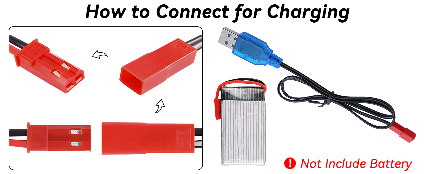 Text reads 'How to Connect for Charging'. Diagram showing charging connection steps for an electronic device with red and blue components and a USB cable.