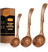 Wooden Ladle for Soup, 3 Size Teak Wood Ladle Spoon with Back Hooks, Heat Resistant Wooden Spoons...