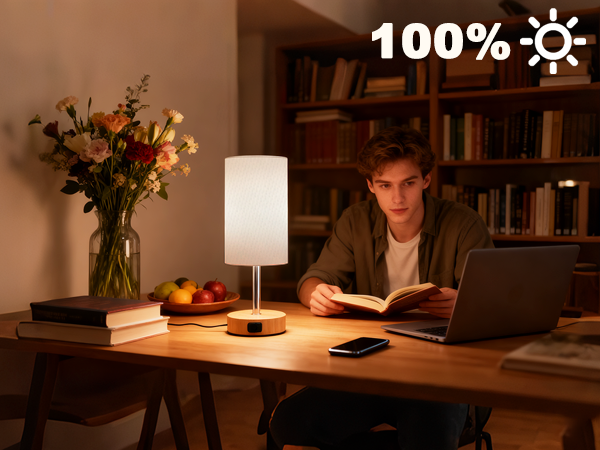 Text reads '100%'. Sequence showing desk lamp's brightness adjustment in different settings, demonstrating variable lighting levels in a home office environment with flowers and books.