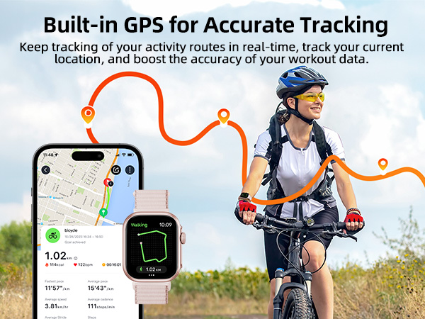 Text reads 'Built-in GPS for Accurate Tracking' and 'Keep tracking of your activity routes in real-time, track your current location, and boost the accuracy of your workout data.' Shows cycling activity tracking interface.