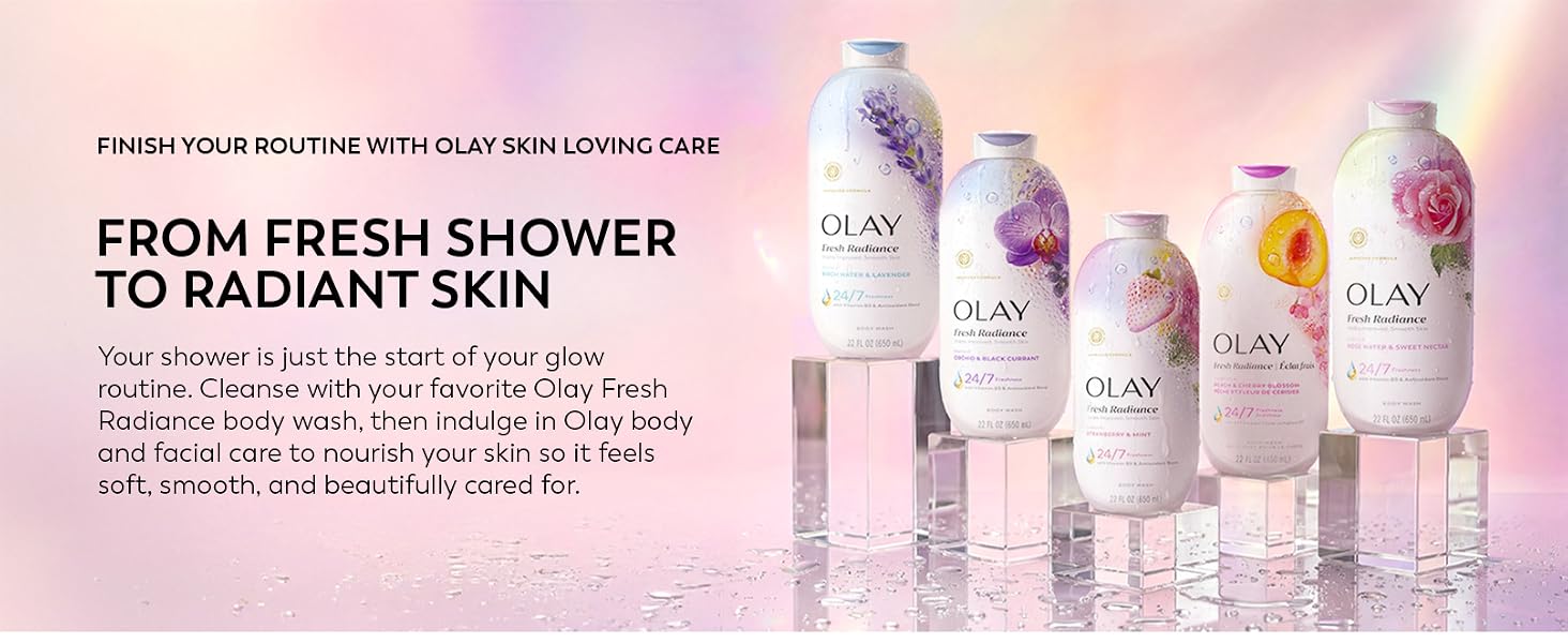 Collection of Olay Fresh Radiance products standing on translucent cubes